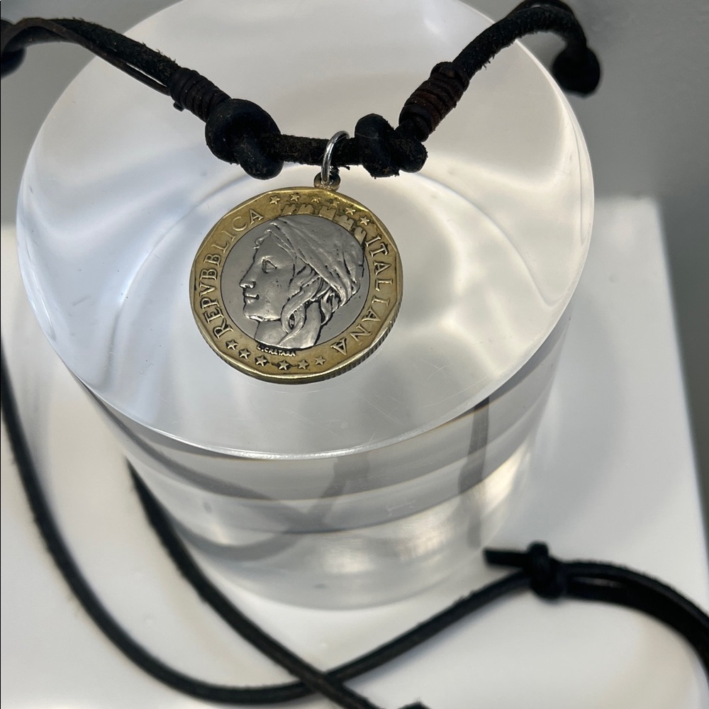 Two-Tone Lira Coin Pendant with adjustable leather cord Necklace